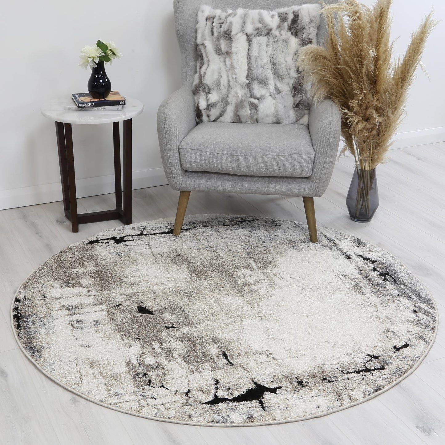 Chelsea Sandstone Grey and Beige Plush Round Rug