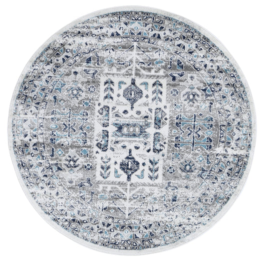 Provence Nimes Bue & Grey Traditional Round Rug