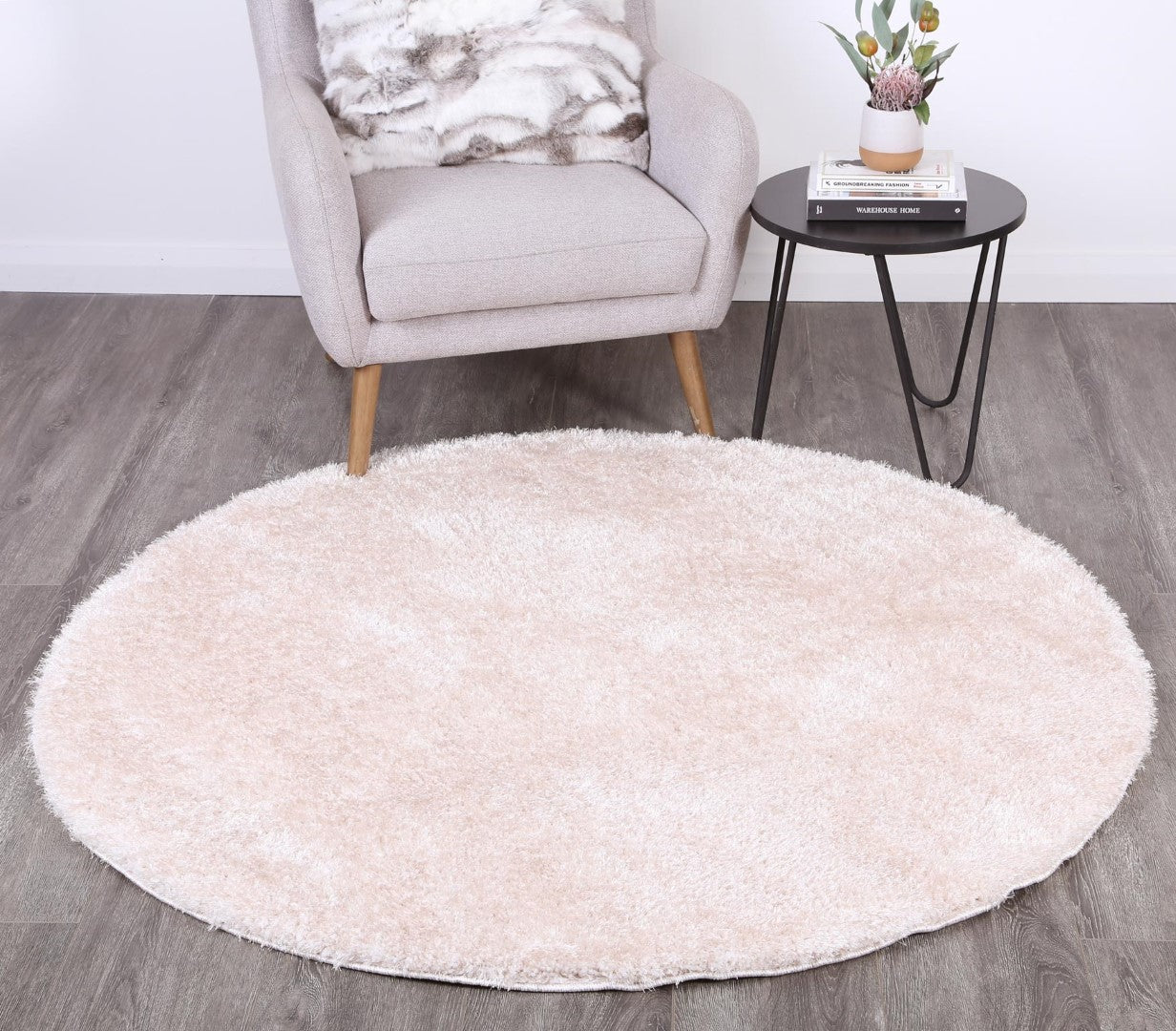 Puffy Soft Shag Round Rug Ivory