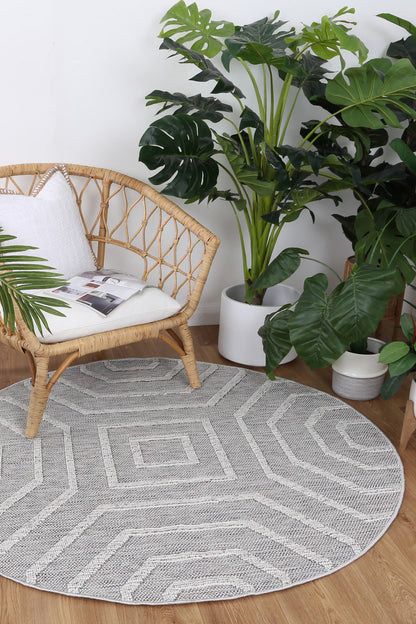 Vanuatu Devesi Grey Geometric Round Flatweave Rug